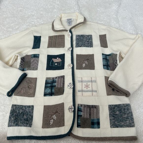 VTG 90s Winter Snowflakes Patchwork Applique Fleece Jacket L Cottage Core Soft - Picture 2 of 6